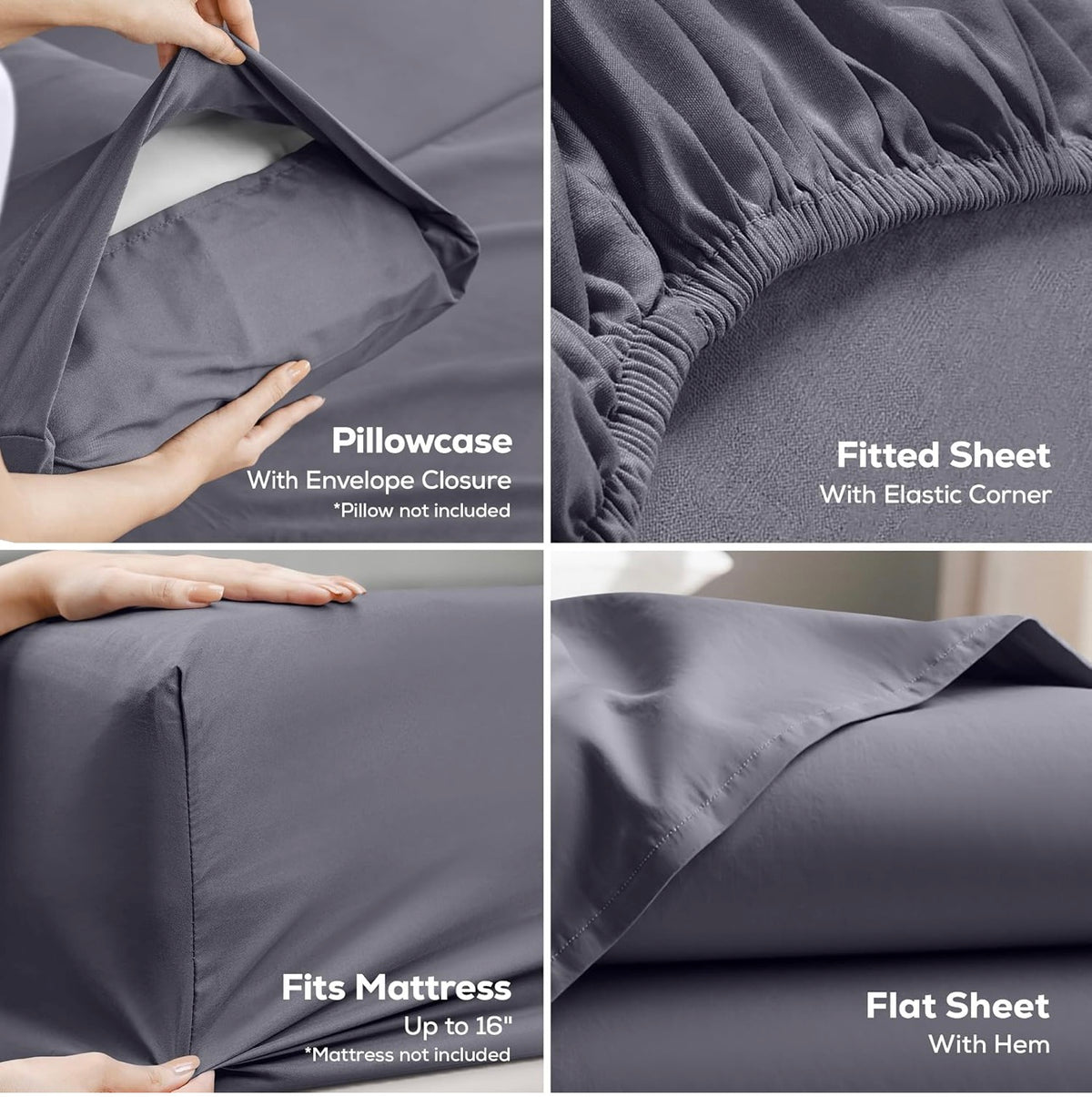 Queen Sheets Set, 4 Pieces 16" Deep Pocket Hotel Luxury Bed Sheets, Grey