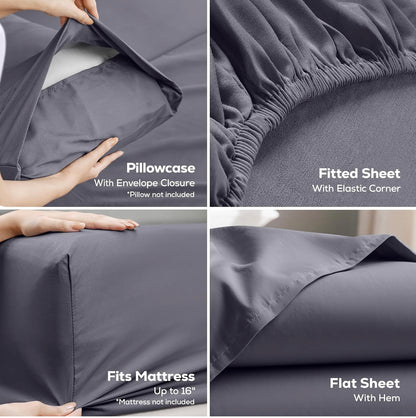Queen Sheets Set, 4 Pieces 16" Deep Pocket Hotel Luxury Bed Sheets, Grey