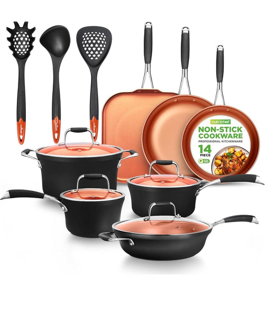 Juego de 14 piezas de utensilios de cocina antiadherentes, lujosos y apilables NutriChef, LIBRES de PFOA/PFOS