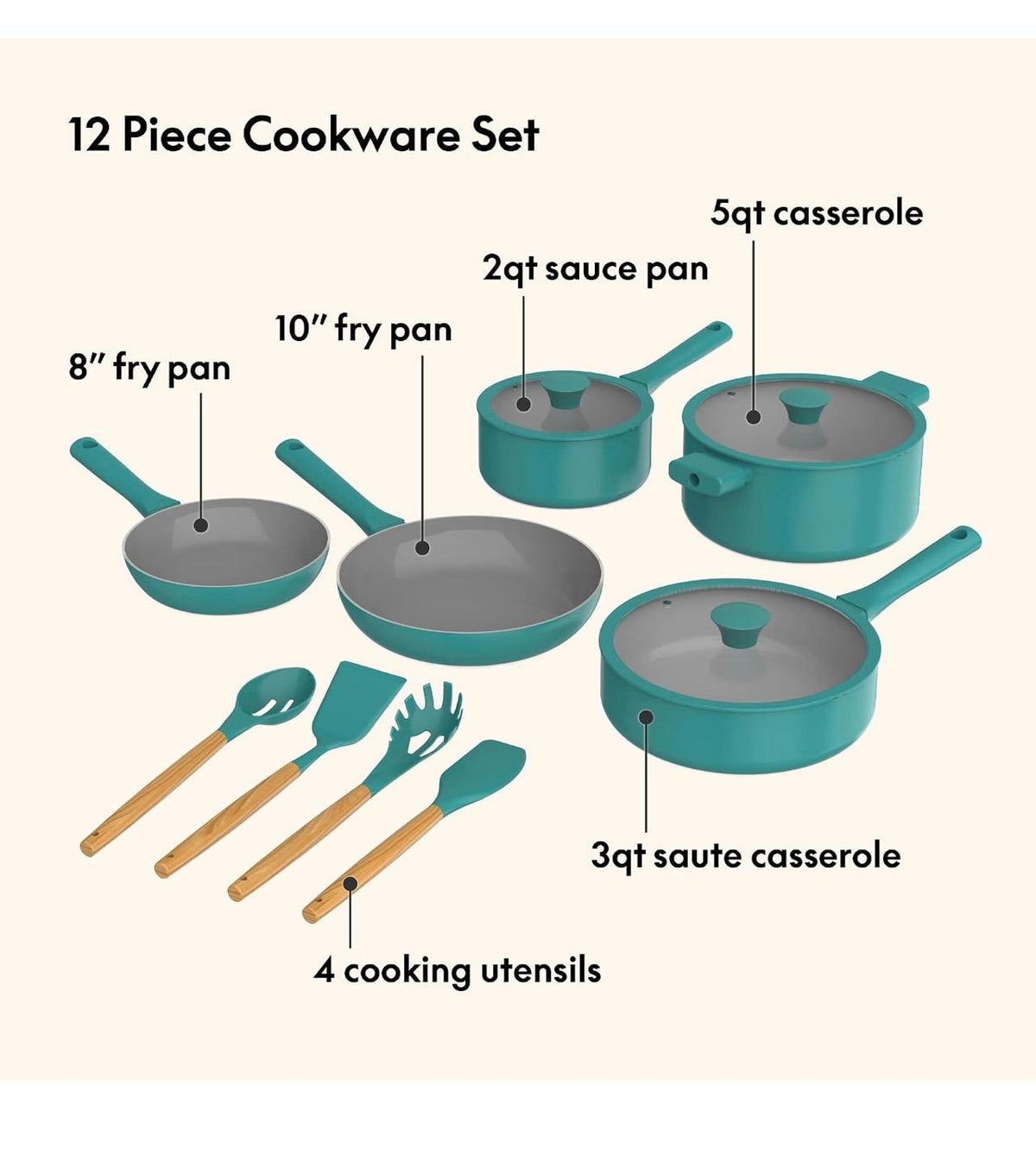 So yummy 12-Piece Ceramic Nonstick Cookware Set Green Gas Electric Induction